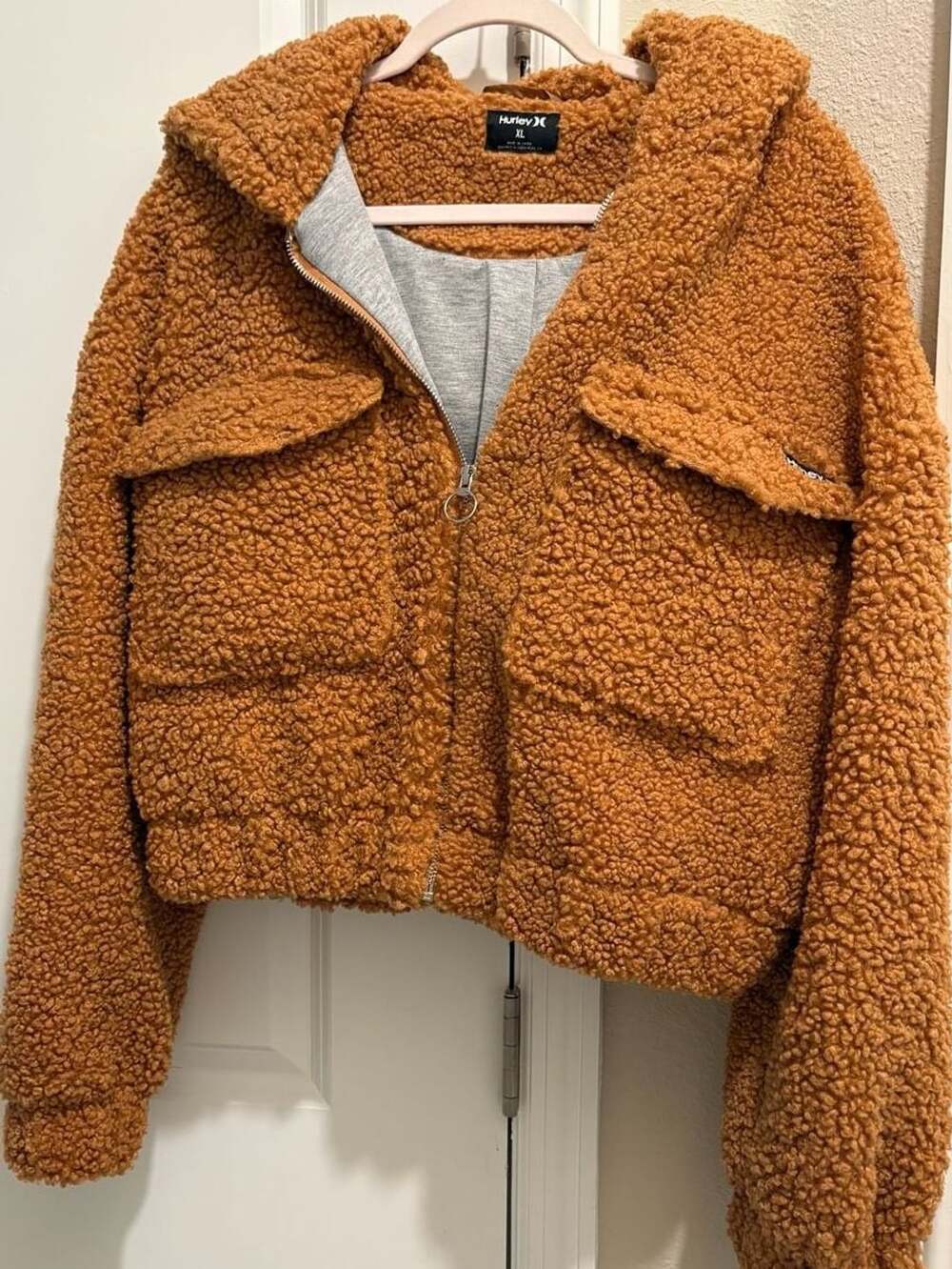 Hurley Women's Brown Sherpa Fleece Full Zip Hooded Jacket with Pockets Size XL